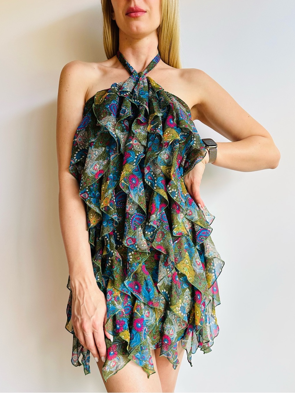 Princess Vera Wang Paisley Ruffle Halter Chiffon Mini Dress Cocktail Boho Party